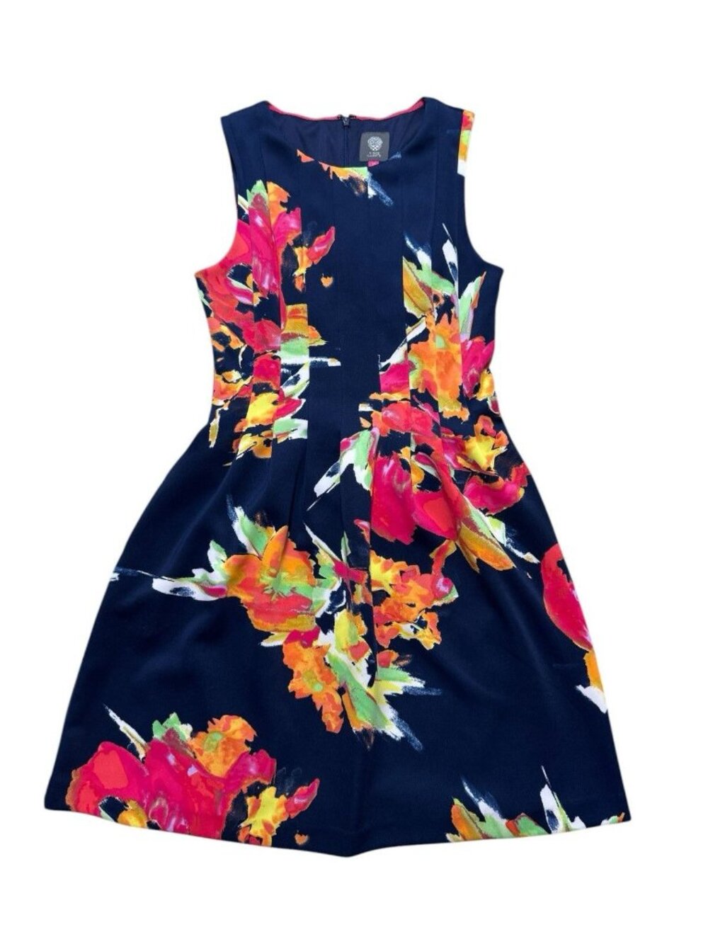 Vince Camuto Floral Fit Flare Dress Size 10 Sleeveless Navy Pink